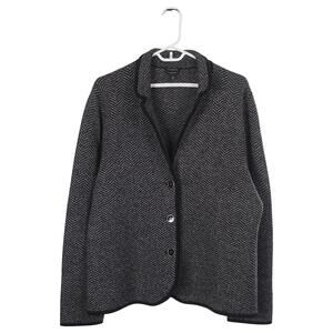 Talbots Cardigan XL Black Gray Merino Wool Knit Chevron Collared Sweater Jacket